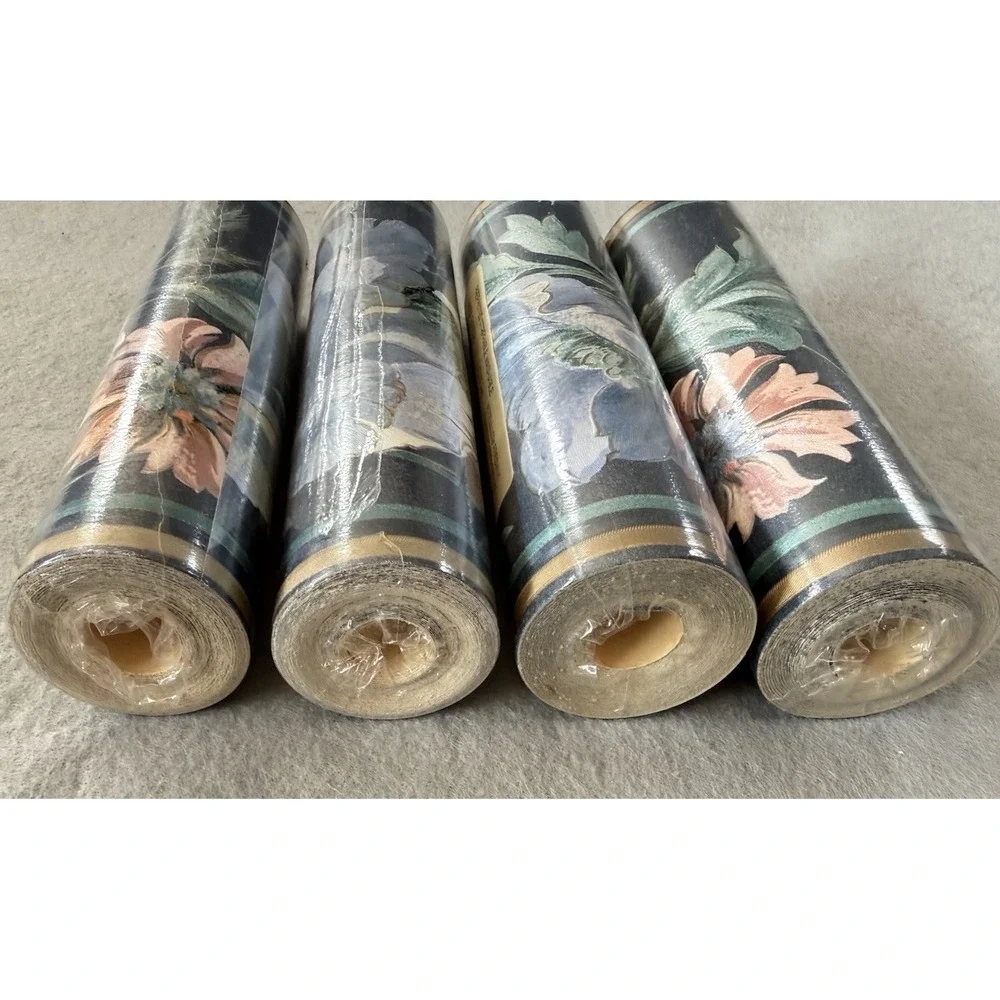 4 ROLLS VTG Wall BORDER Blue Floral Wallpaper PREPASTED 21.6 YARDS Cottagecore